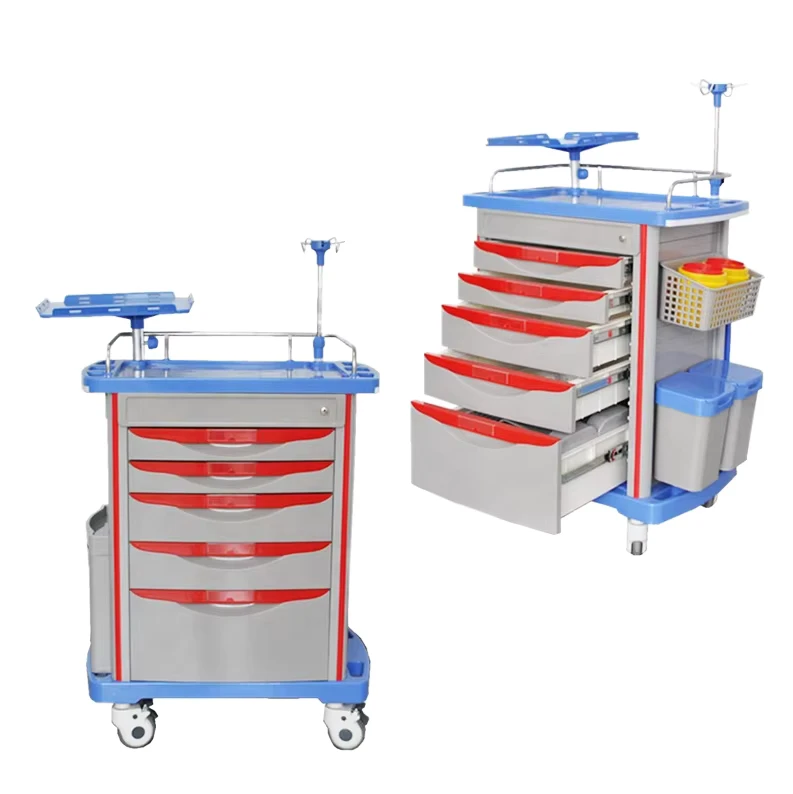 Modern Design Hospital Abs Plastic Emergency Medical Trolley Cart with IV Pole Medicine Crash Cart Trolley