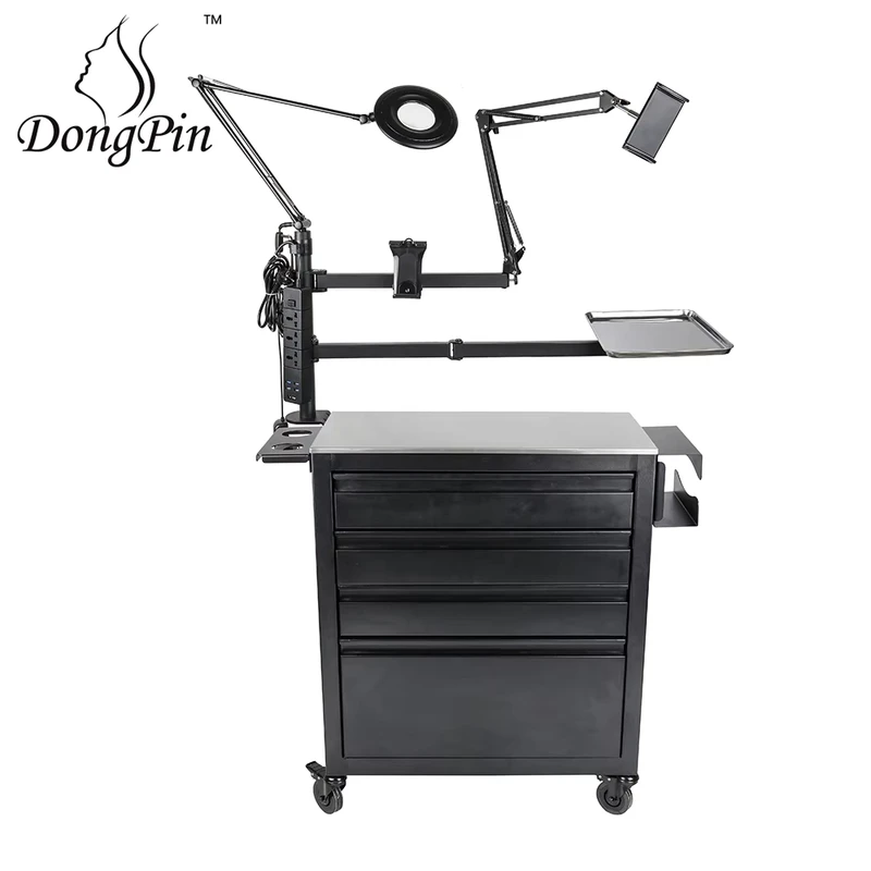 Modern Design Portable Tattoo Workstation Cart Salon Trolley with Storage on Wheels Black Metal Stainless Steel