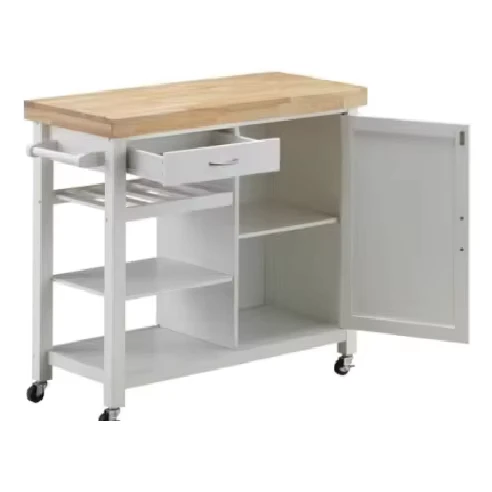 Modern Eco Friendly 2 Tone Wood Trolley Cart with 1 Drawer 1 Door 3 Shelves for Food Use in Kitchen Living Room Garage