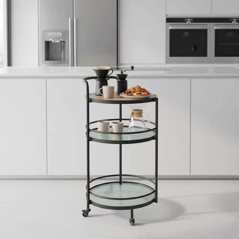 Modern Fluted Glass Metal Frame Trolley Cart for Living Room Dining Kitchen Villas Hotels Apartment