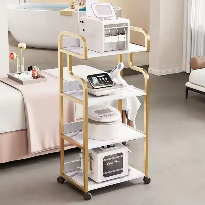 Modern Gold White Salon Trolley Removable Beauty Makeup Storage Hair Salon Trolley Cart Tool Cabinet