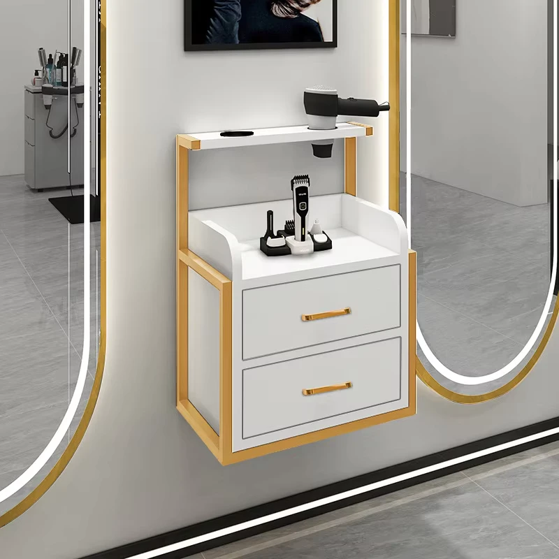 Modern Gold Wood Wall Mounted Salon Trolley with 4 Wheel Tool Storage Cabinet for Barber Shop and Spa