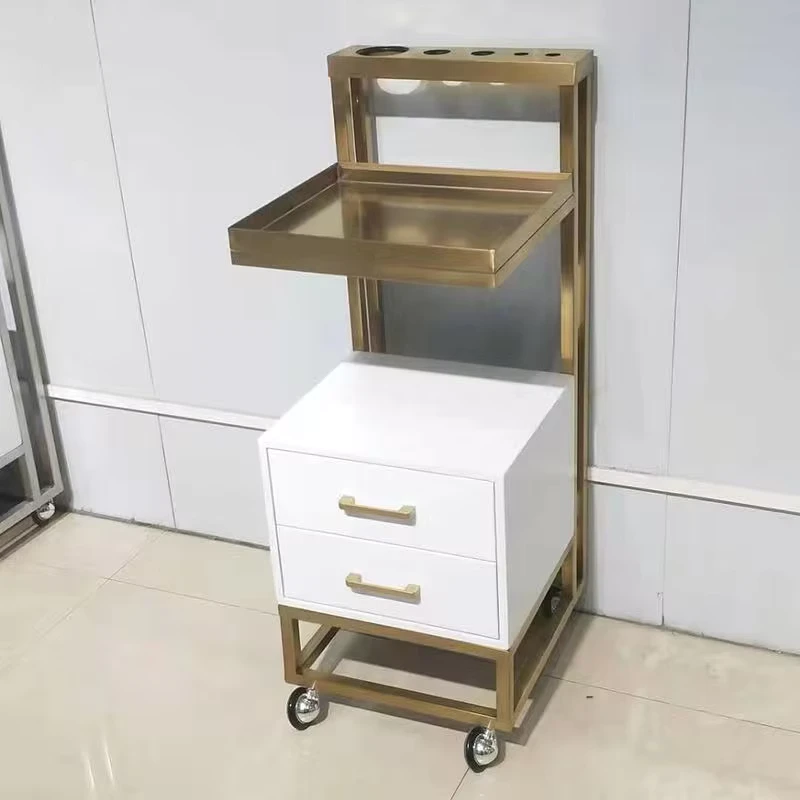 Modern Hair Stylist Metal Trolley with Gold Silver Drawer Wheels Furniture for Barber Shop