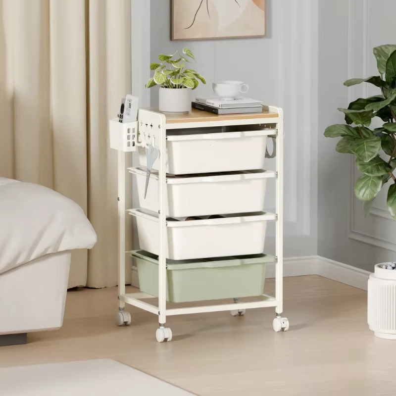 Modern High Capacity Metal Steel Frame 4 Layer Plastic Rolling Organizer with Wooden Table Top DIY Hooks Utility Storage Cart