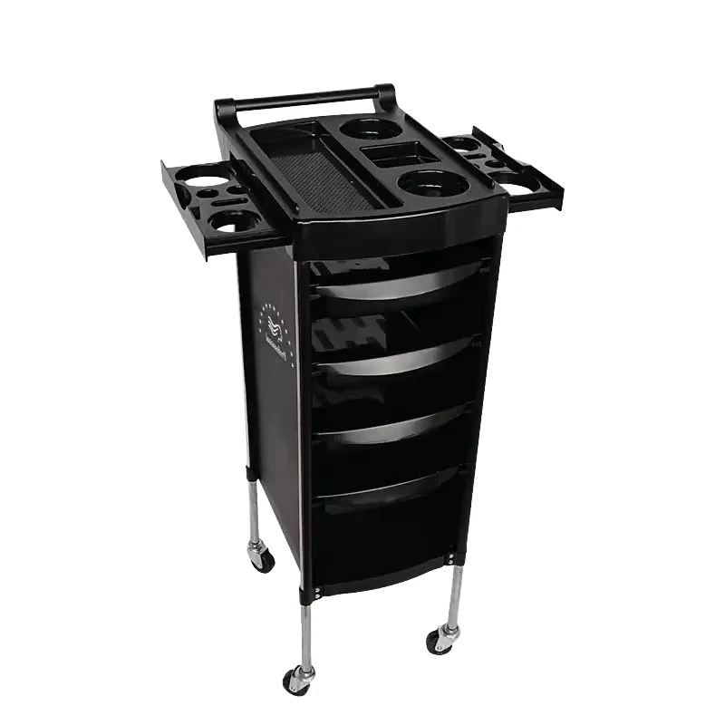 Modern Large scale Black Salon Trolleys Made of Plastic and Metal Suitable for Beauty Makeup and Hairdressing Applications