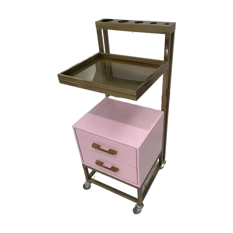 Modern Luxury Pink Wood and Gold Stainless Metal Salon Trolley Hair Spa Beauty Shop Furniture Tools Hand Carts Tools Trolley