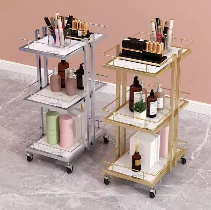 Modern Metal Beauty Salon Cart 3 Tier Pedicure Spa Nail Shop Trolley Gold 4 Wheel