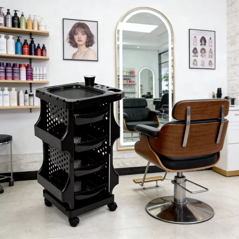 Modern Mobile Beauty Trolley with Drawers Smooth Wheels Black Plastic Salon Cart for Estheticians Hair Stylists