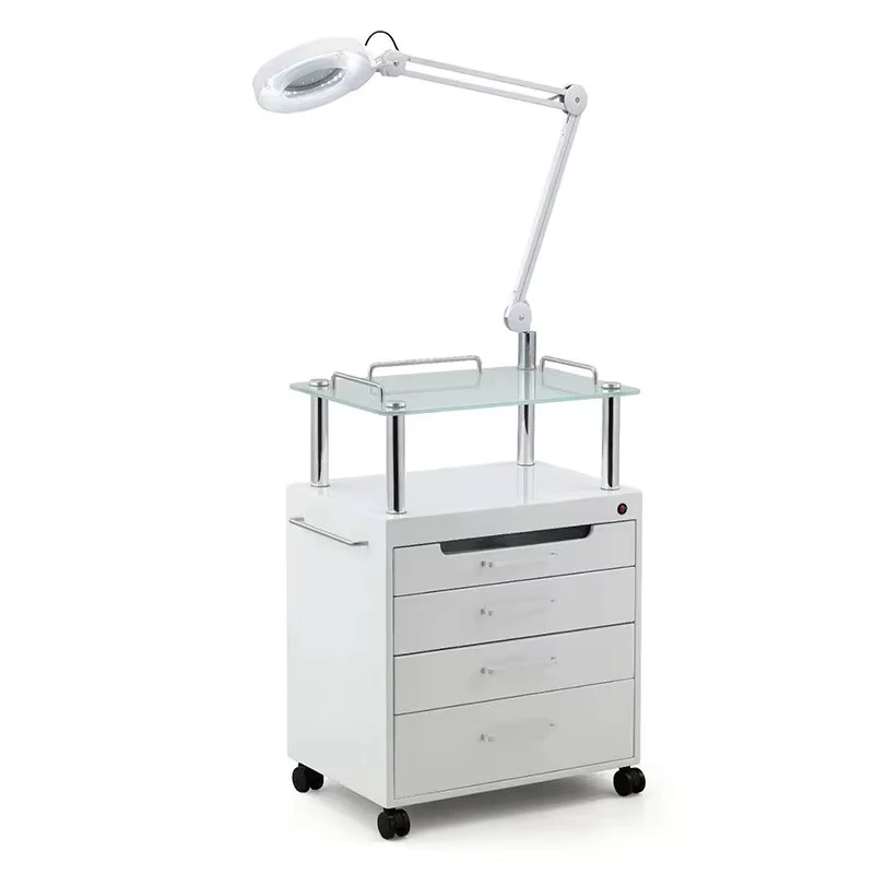Modern Multifunction Beauty Shop Furniture White Wooden Spa Tools Cart Luxury Removable Storage Salon Trolley with Lamp