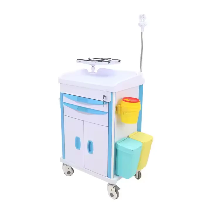 Modern Plastic Cardiopulmonary Resuscitation Board 4 Silent Casters Durable Rescue Trolley Featuring 2 Drawers Central Lock for