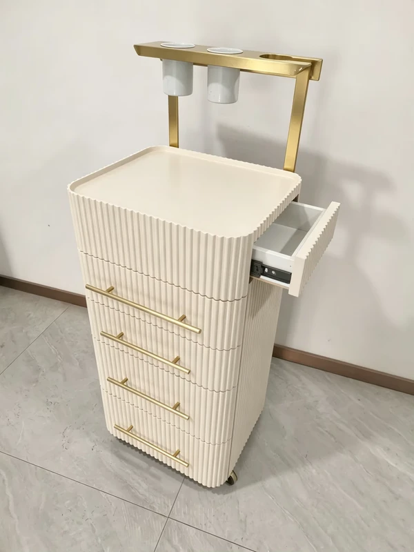 Modern Ribbed Design Hairdressing Tool Storage Cart Mobile Salon Drawer Trolley with Hair Dryer Holder