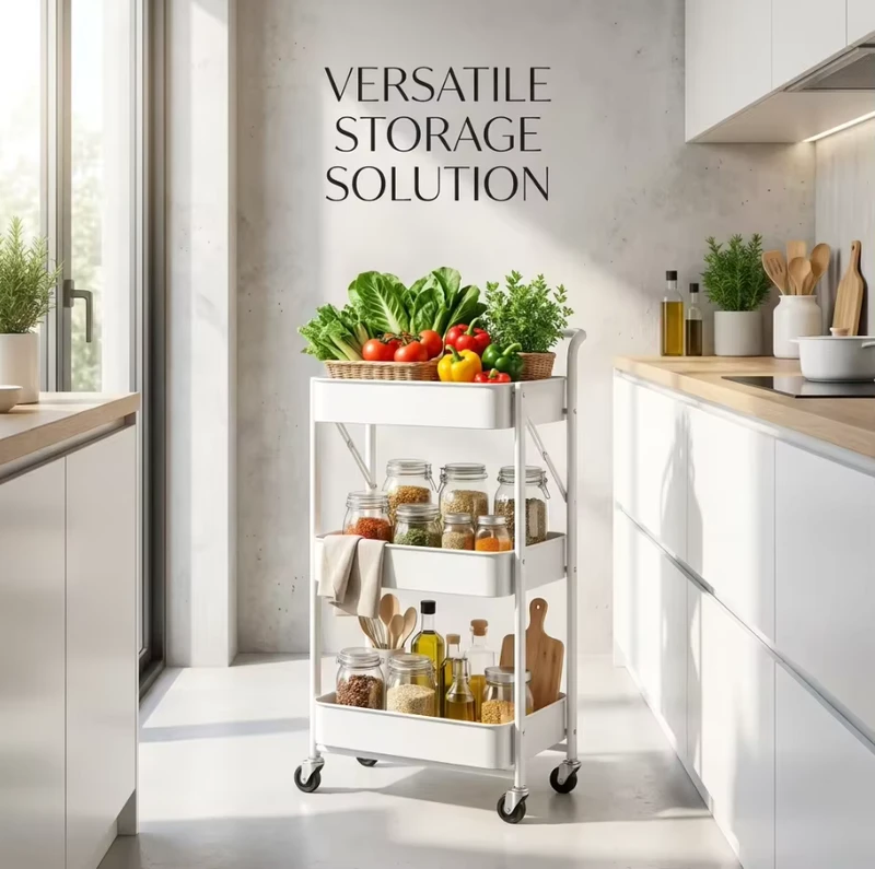 Modern Rolling Utility Cart Heavy Duty Multifunctional Wheels Space Saving 3 Tier Metal Kitchen Storage Rack