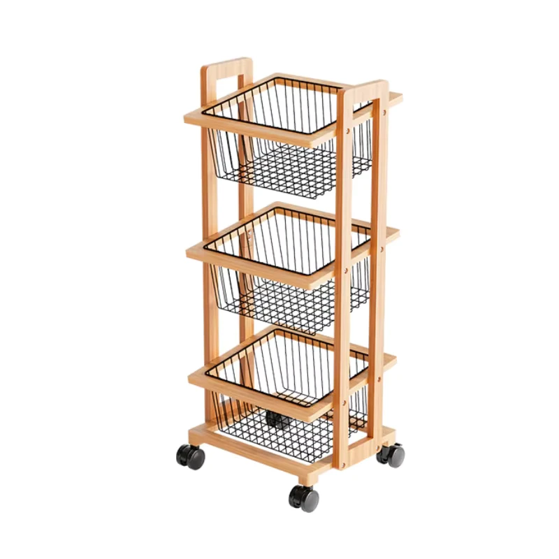 Modern Solid Wood Kitchen Trolley 3 Tier Rolling Storage Cart Portable Serving Trolley Wheels Utility Rack for Home Furniture