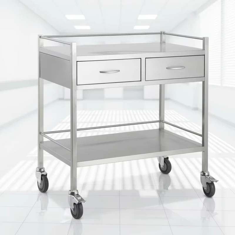 Modern Stainless Steel Medical Cart with 2 Drawers and 2 Tier Design Lockable Wheels Hospital Trolley for Hotel and Dining Use