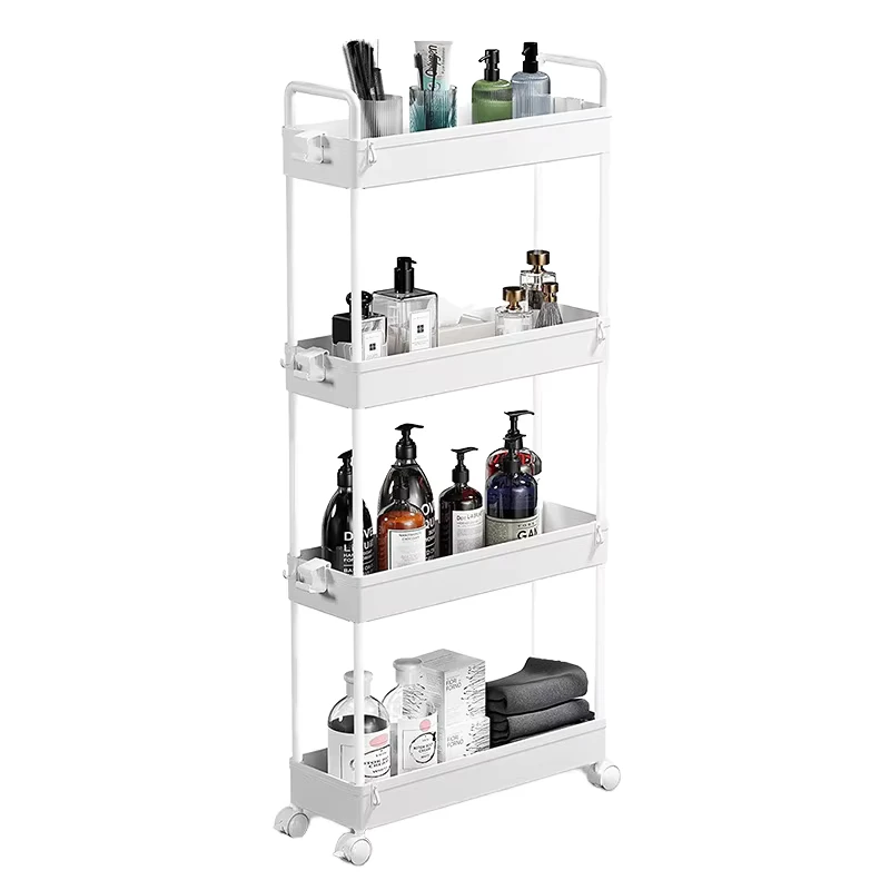 Modern Standing Type Metal Four Tier Storage Shelf with Wheels Mobile Utility Cart for Home & Kitchen Organization