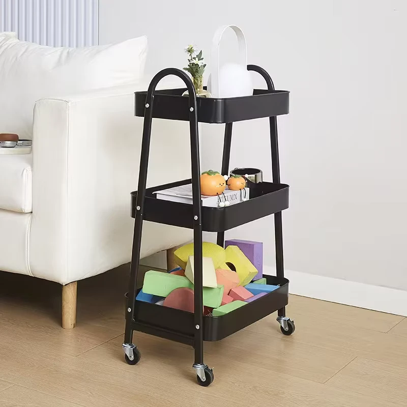 Modern Style Eco Friendly Folding Three Tier Iron Storage Trolley with Wheels for Kitchen and Bathroom Use Customized Color