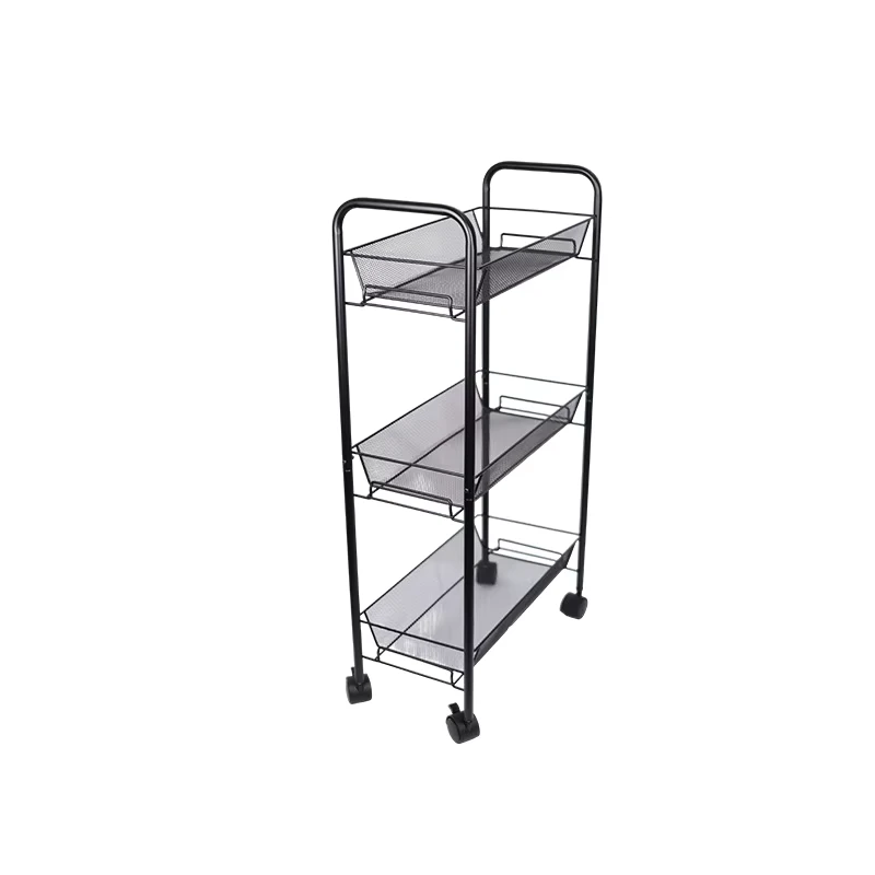 Modern Three-Layer Iron Kitchen Storage Trolley Multi-Level Stand Cart Mesh Basket Handle Rolling Multi-functional Bathroom