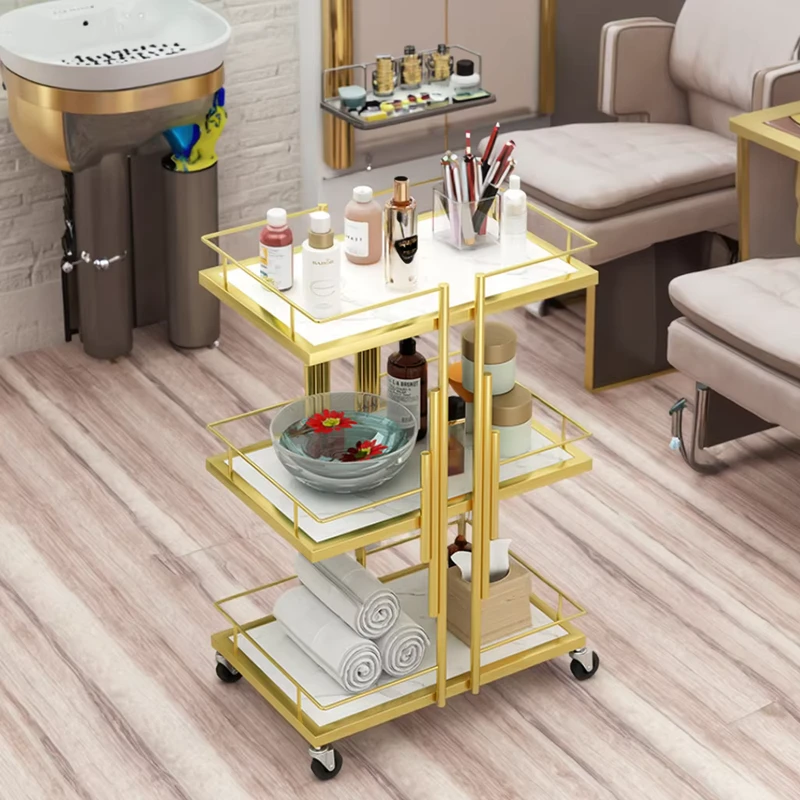 Modern Three Layer Stainless Steel Wood Trolley for Nail Art Eyelash Spa Skin Care Multifunctional Beauty Salon Living Room