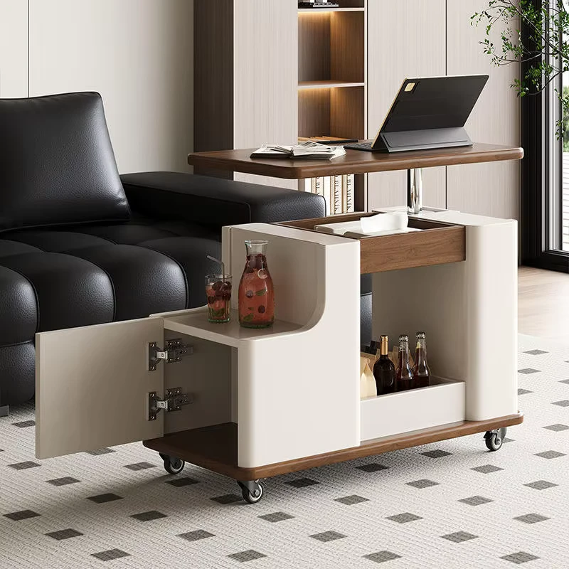 Modern Wood Lift Top Coffee Table on Wheels 360 Swivel Height Adjustable Side Table with Hidden Storage Open Shelving Decor