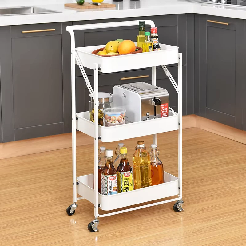 Most Popular 3 Tier Folding Service Rolling Storage Utility Cart Locking Wheels Utility Trolley Nightstand in Bedroom