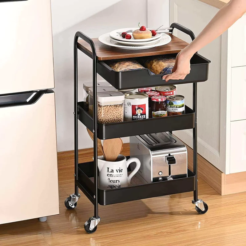 Movable 3 Layer Mobile Storage Trolley Metal Coffee Tea Table Wheeled Side Table for Living Room & Kitchen Beverage