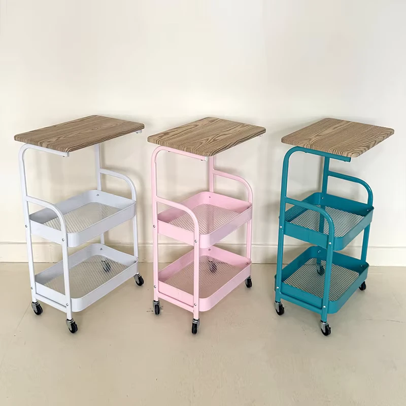 Movable Double layer Modern Minimalist Style Floor standing Storage Rack Trolley with Wheels for Living Room Bedroom Small Table