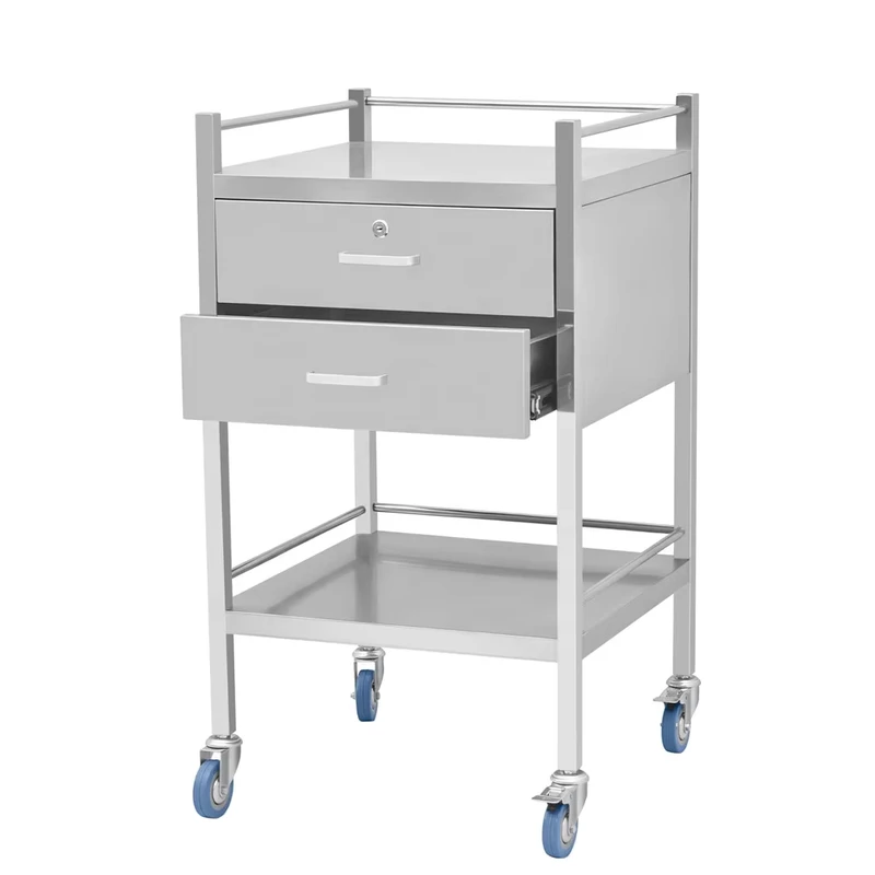 Movable Stainless Steel Hospital Medical Emergency Trolley Treatment Cart with 2 Drawers and 2 Shelves CY D402A