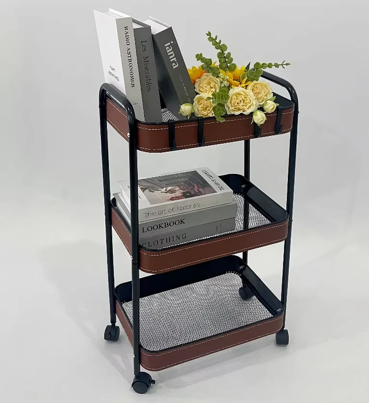 Movable Three Layers Leather Border Metal Storage Trolley Rolling Utility Cart Household Display Rack