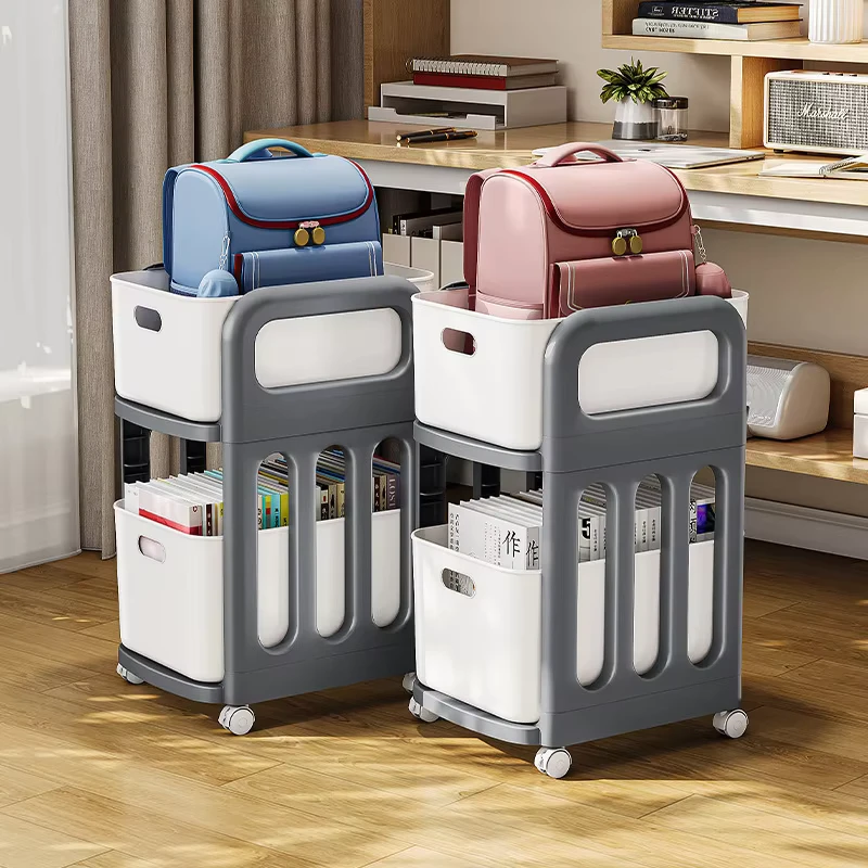 Movable Trolley Schoolbag Rack Four Tier Multifunction Book Storage Indoor Use Standing Type Bamboo Household