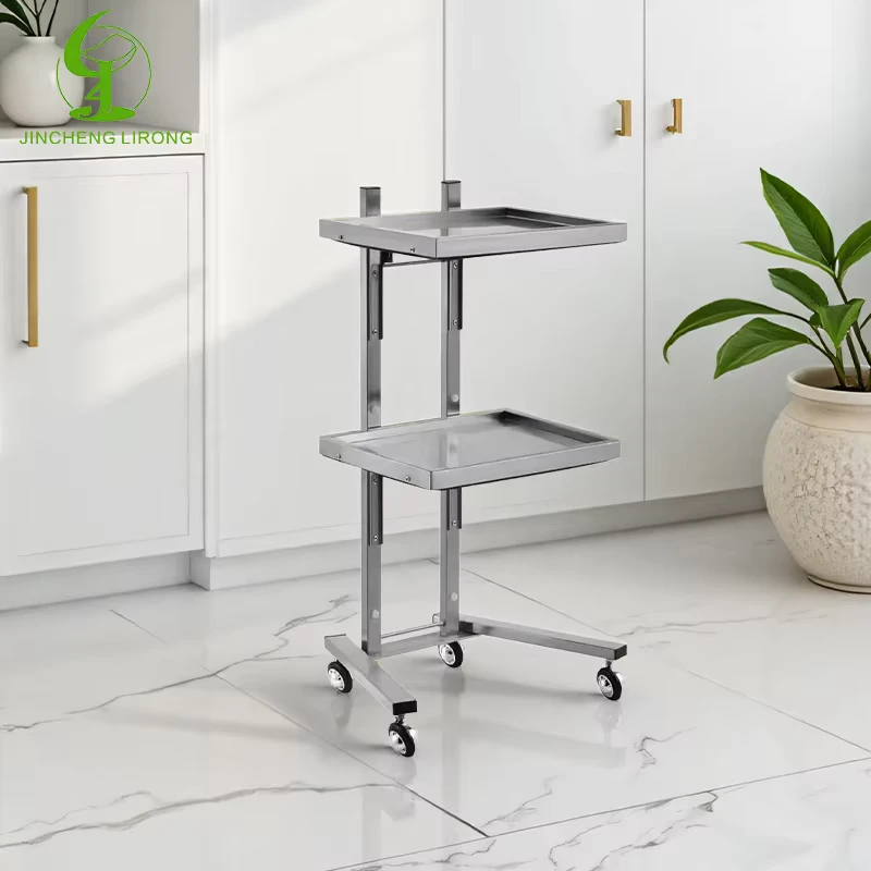 Move the Cart Barber Shop Stainless Steel Furniture 2-story Foldable Silver Beauty Salon Wheeled Trolley