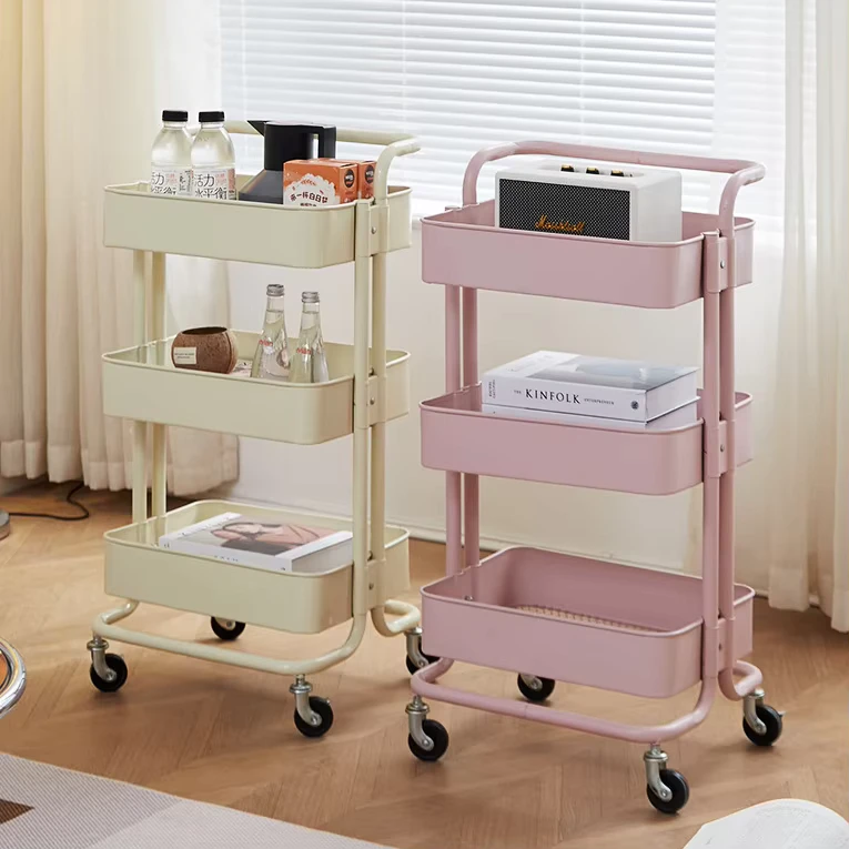 Multi Color Household Storage Basket Trolley Metal Three Tier Storage Rack Floor Mounted Removable Kitchen Storage Rack