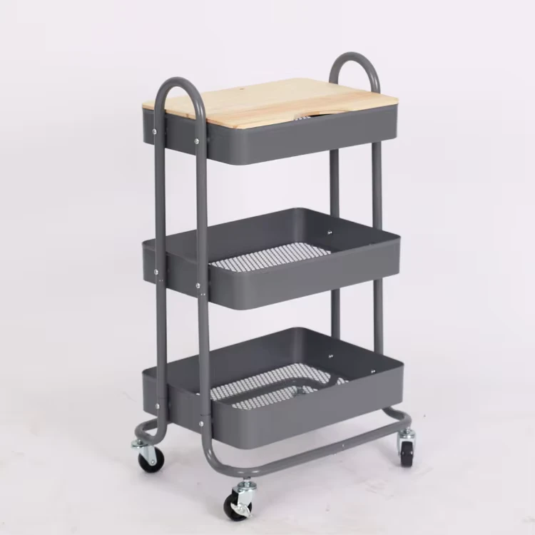 Multi Function 3 Tier Storage Trolley Cart Bamboo Board Top Metal Frame for Salon Sofa Side Table Cleaning Garage Bathroom Use