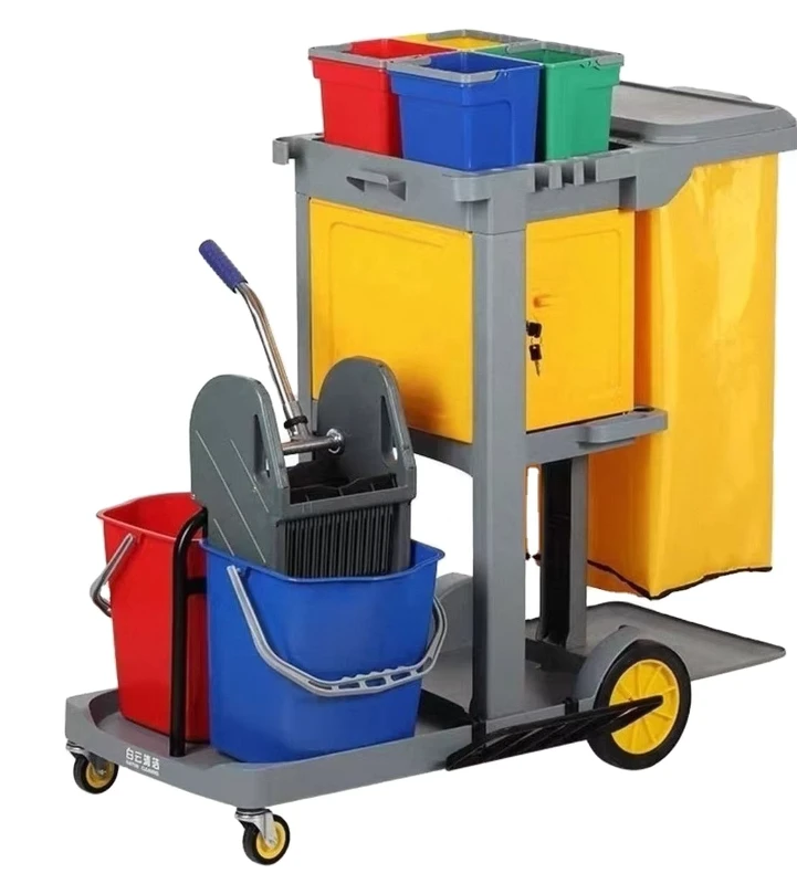 Multi Function Hotel Room Cleaning Trolley Janitor Cart with 4 Swivel Wheels 300 lb Capacity Open Design