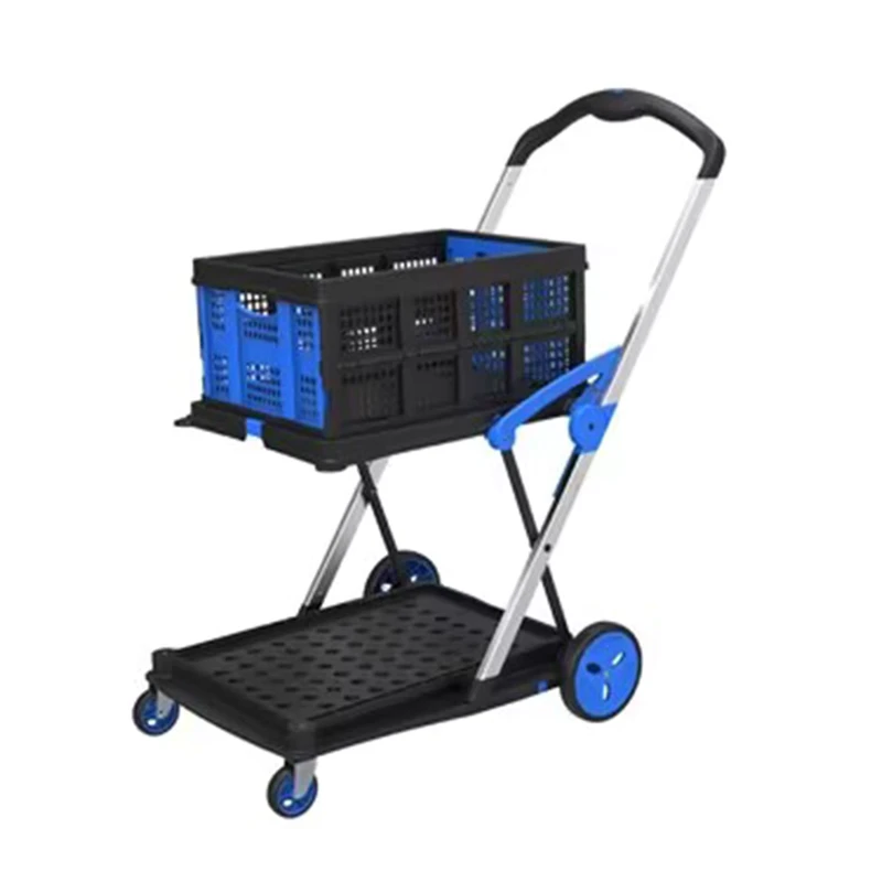 Multi Function Two Layer Platform Mobile Cart Transport Hand Truck Folding Trolley With Storage Crate