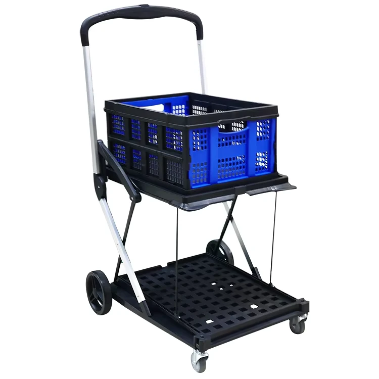 Multi Functional Collapsible Outdoor Two Tier Shopping Cart Storage Service Cart Folding Utility Trolley with Storage Crate