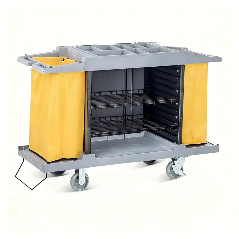 Multi Functional Durable Plastic Hotel Cleaning Trolley 4 Wheel 35kg Capacity Simple Style Indoor Use for Property Mall Cleaning