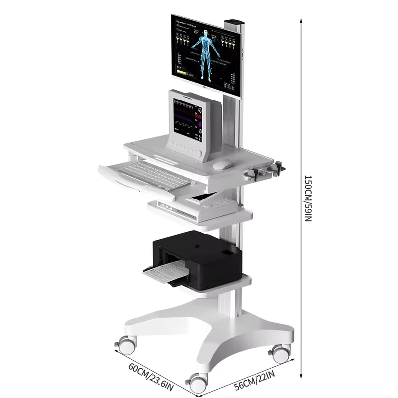 Multi Functional Height Adjustable Hospital Computer Cart Trolley 4 Silent Medical Castors Durable ABS Aluminum Alloy