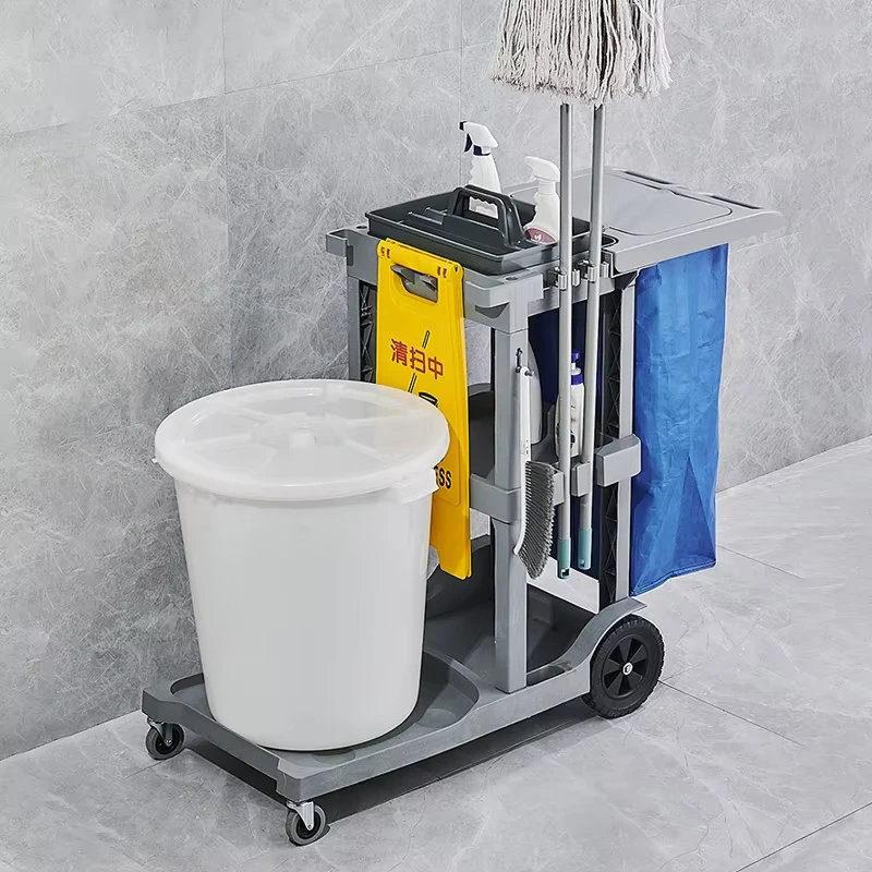 Multi Functional Janitor Cart Hospital Cleaning Trolley with Cover Plastic Material for Restaurants Factory