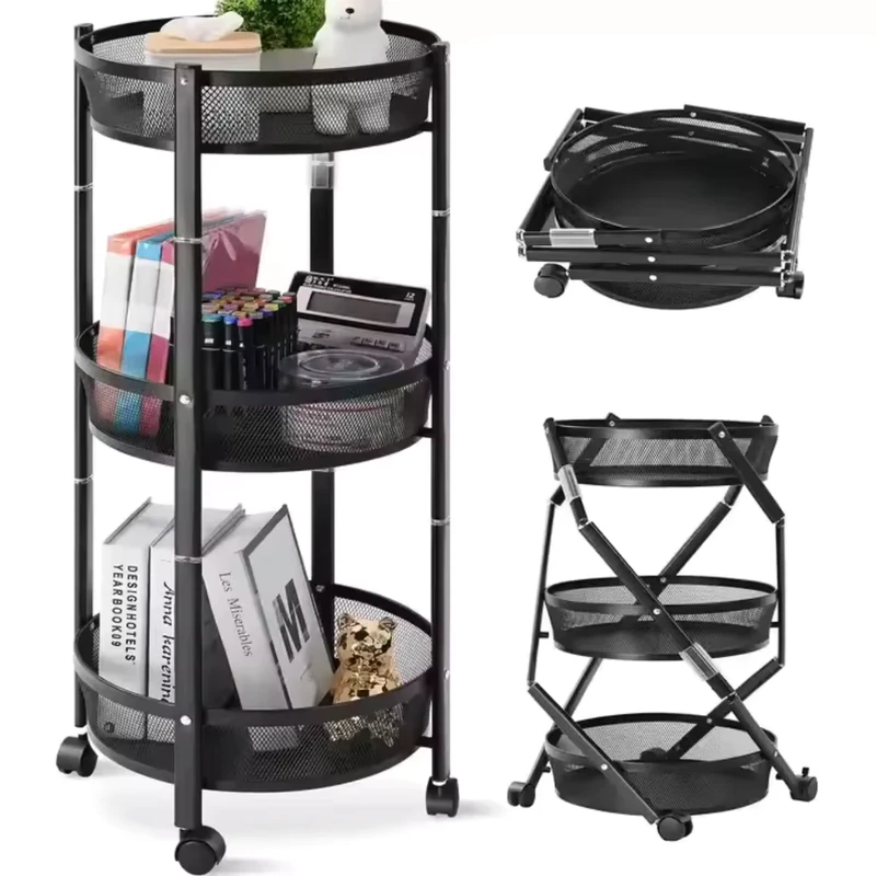 Multi Layer Kitchen Rack Basket Shelf Floor Mounted Mobile Storage Foldable Vegetable Fruit Rack Moving Rollers Metal Material