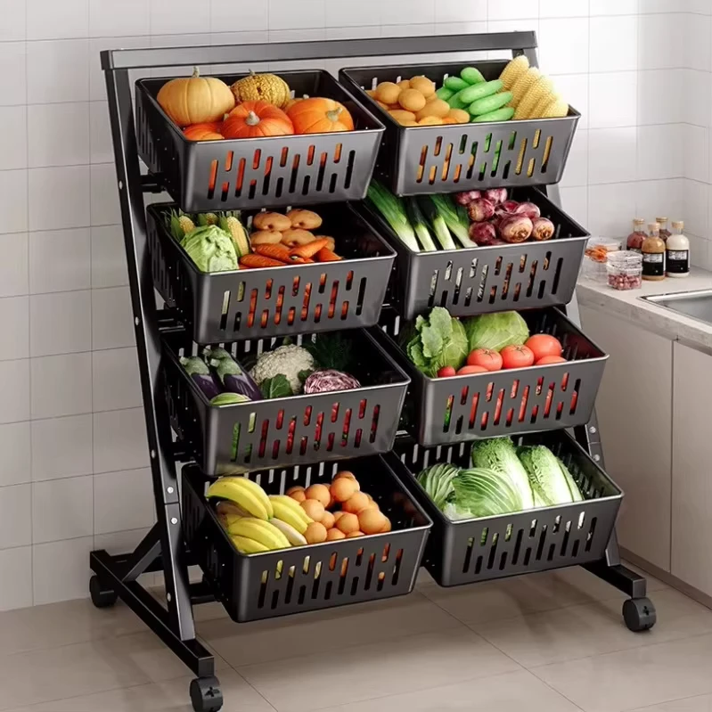 Multi Layer Kitchen Storage Rack with Small Cart Household Fruit Vegetable Snack Basket Floor Vegetable Basket Cart Storage Rack