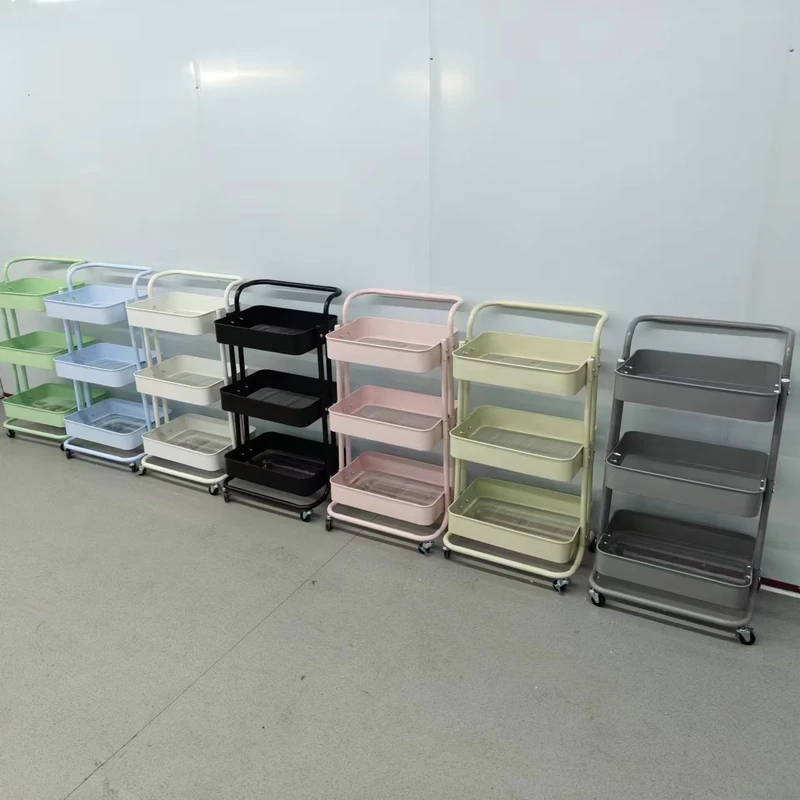 Multi Purpose 3 Tier Steel Cart Kitchen Vegetable 3 Layer Trolley for Food Movable Storage Metal Utility Foldable Rolling Cart