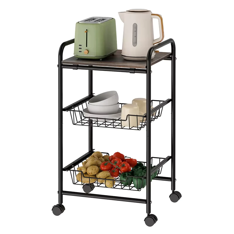 Multi Purpose 3 Tier Storage Cart Kitchen Vegetable Organizer Utility Trolley With Extractable Storage Mesh Sliding Basket