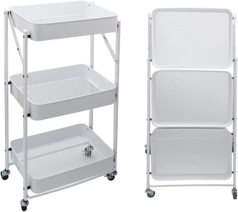 Multi Purpose Kitchen 3 Layer Metal Trolley Folding Grocery Cart Movable Storage Metal Utility Foldable Rolling Utility Carts