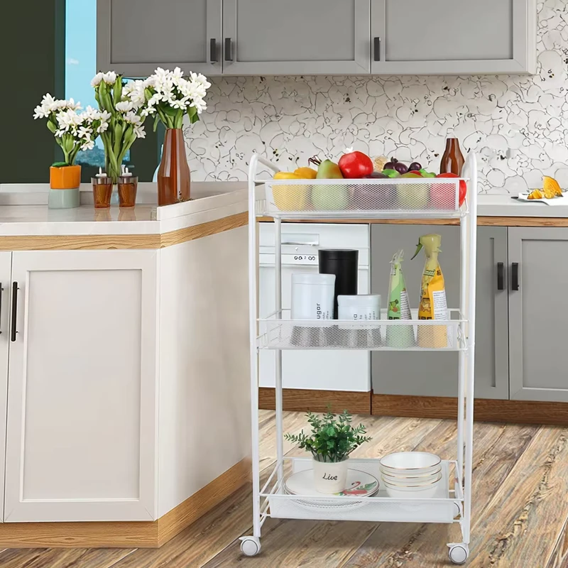 Multi Purpose Rolling Trolley Cart Metal Storage Organizer with Lockable Wheels Serving Utility for Kitchen Bathroom Home Use
