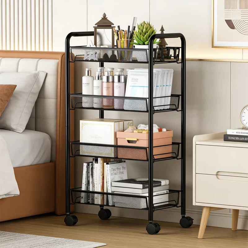Multi Tier Rolling Utility Cart Metal Storage Trolley with Hooks & Baskets for Home Office Kitchen