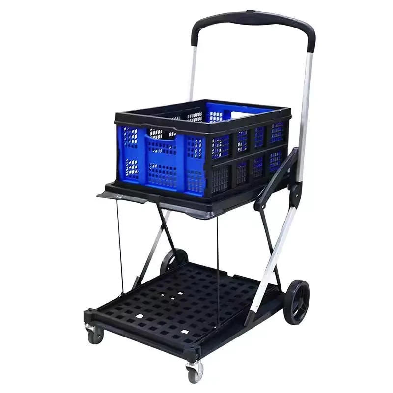 Multi Use Functional Collapsible Rolling Cart Mobile Folding Trolley Cart Collapsible Shopping Cart With Storage Crate