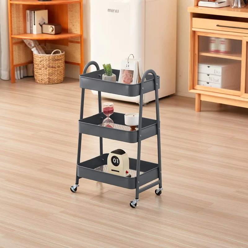 Multi Use Metal Shelf Cart Floor Standing Movable Kitchen Storage Rack for Food Bathroom & Living Room Toys Organizer