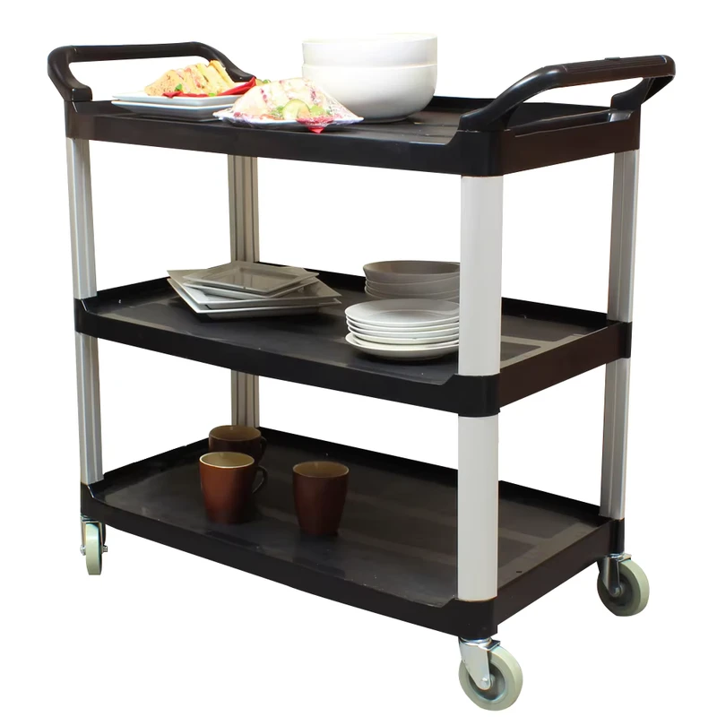 Multi function 3 Tier Plastic Utility Cart Plastic Hotel Service Cart Black Grey 3 Tier Trolley Use for Restaurant