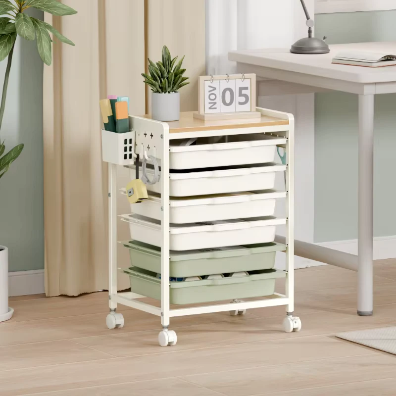 Multi functional 6 Tier Rolling Storage Cart with MDF Top & Side Pegboard Plastic Drawer Trolley Mobile Organizer Utility Cart