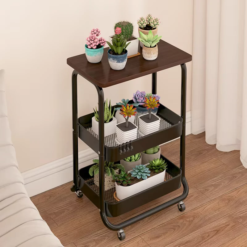 Multi-functional Eco-Friendly Steel Wood Kitchen Bathroom Living Room Storage Cart Three-Layer Wheeled Movable Rack Space-Saving